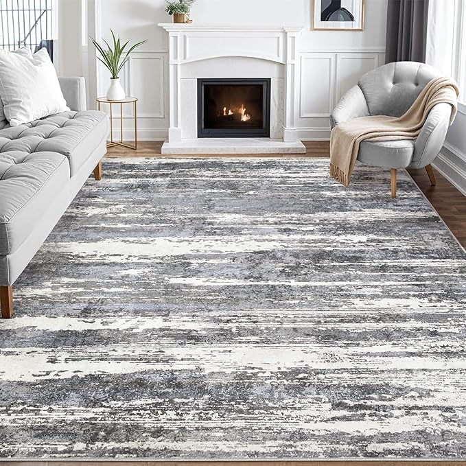 Area Rugs for Living Room: 8x10 Abstract Washable Rug Modern Neutral Large Soft Stain Resistant Non-Slip Backing Machine Table for Bedroom Dining Room Indoor Home Office Carpet - Black/Blue