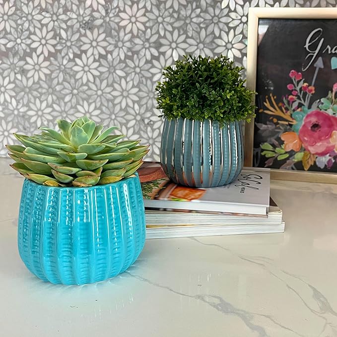 Admired By Nature 4" Ceramic Flower Planter, Ceramic Pot Planter, Indoor Ceramic Bowl, Houseplant Ceramic Pot, Decorative Planter for Indoor Plant Succulent Plant Home Décor, Lightweight, Teal