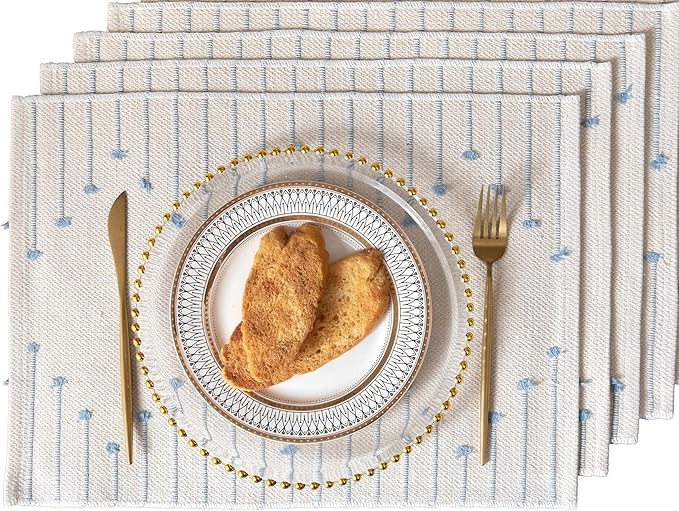 Placemats Set of 4 for Dining Table Décor, Woven Cloth Place Mats for Farmhouse Kitchen Tabletop, Handcrafted Machine Washable Cotton Table mats 13 x 19 Inch, Light Blue and Beige