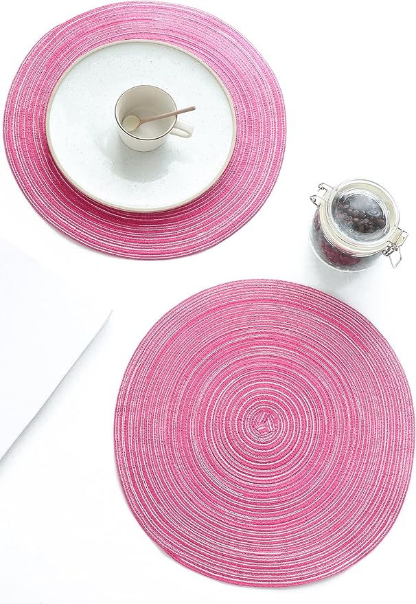Floroom 15 Inch Round Braided Placemats Set of 4, Washable Heat Resistant Cotton Polyester Circle Place Mats for Kitchen Dining Table - Berry Pink