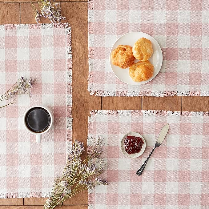 DII Heavyweight Fringed Check Tabletop Collection, Placemat Set, 13x19, Pale Mauve, 6 Piece