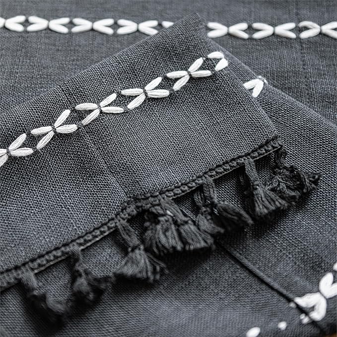 Sutuo Home Boho Valance Curtain Tier 36 inches for Kitchen Cafe Closet, Short Farmhouse Vintage Tassels Window Treatment Bohemian Stripe Embroidery Drape Rod Pocket 1 Panel 52" W x 36" L, Black