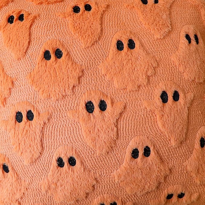 4TH Emotion Halloween Ghost Decorative Pillow Covers 16x16 Set of 2, Orange Soft Plush Faux Fur Farmhouse Throw Cushion Cases for Fall Autumn Holiday Home Decorations