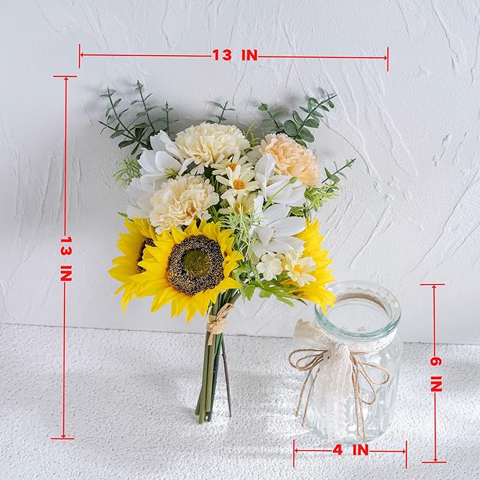 LUEUR Fake Flowers Artificial Sunflowers with Vase, Faux Silk Carnation,Daisy Flowers for Home Office Decorations, Kitchen Dining Table Decor, Farmhouse Centerpiece Table Decoration