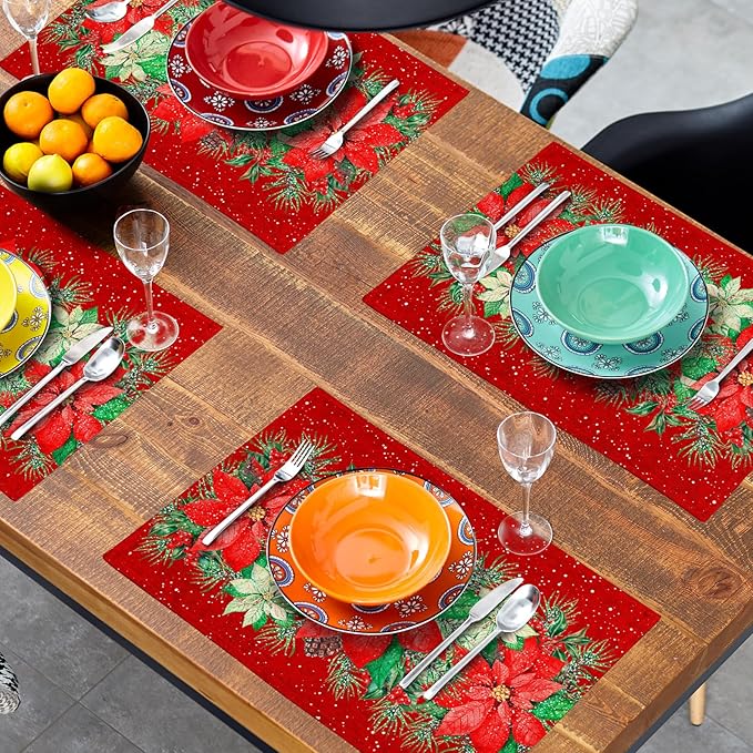Red Poinsettias Placemats for Dining Table Set of 4, 12 x 18 Inch Red White Floral Xmas Tabletop Mats Red Rectangle Table Mat for Winter Holiday Party Kitchen Table Decor