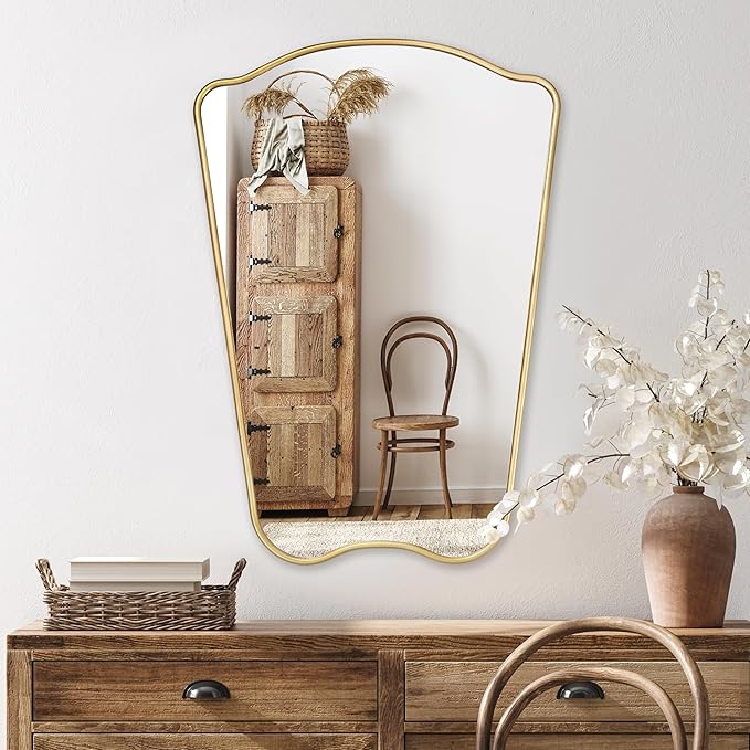 PERFNIQUE Gold Bathroom Mirror Irregular Wall Mirror, 32'' x 23'' Wood Framed Mirror, Decorative Vintage Mirror, Modern Vanity Mirror for Over Sink Bathroom Living Room Entryway, Modern Wall Decor