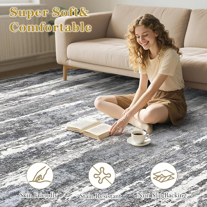 Area Rugs for Living Room: 8x10 Abstract Washable Rug Modern Neutral Large Soft Stain Resistant Non-Slip Backing Machine Table for Bedroom Dining Room Indoor Home Office Carpet - Black/Blue