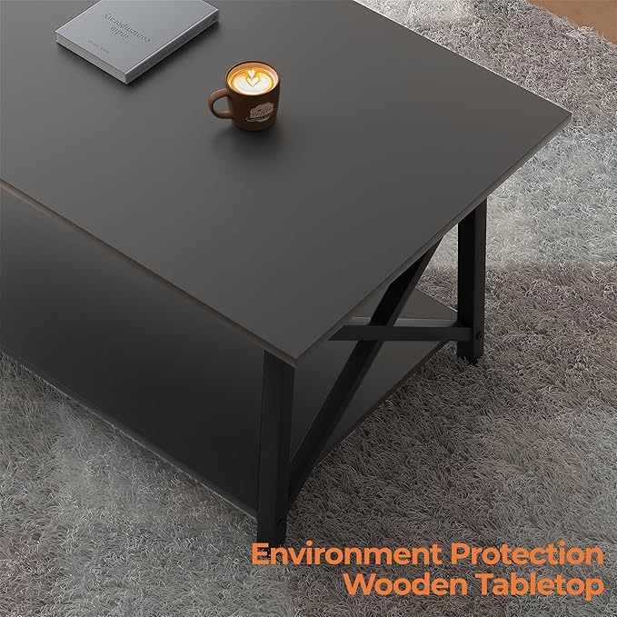 GreenForest Coffee Table with Storage, 43 inch Large Modern Coffee Tables for Living Room, X-Frame Design Farmhouse Coffee Table Space Saving Living Room Tables, Easy Assembly, Black