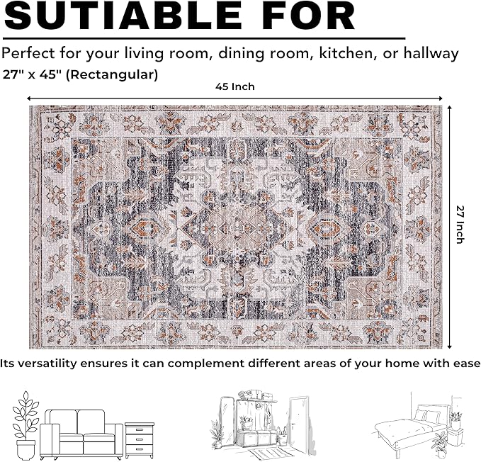 Washable Soft Small Boho Area Rugs, Rags Rug, Printed Carpet Chennile Rugs for Living Room 27x45 inch Dk Grey Rust Multi,Machine Washable Printed Rugs - 30% Cotton, 70% Polyester