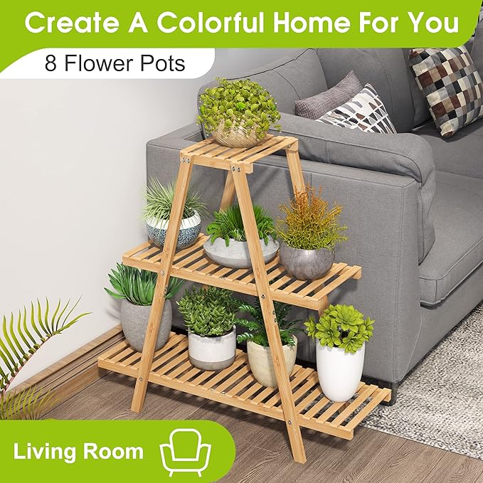 BMOSU Plant Stand Bamboo for Indoor Outdoor Tiered Plant Shelf 8 Potted Flower Holder Ladder Rack Garden Balcony Living Room Patio(3 Tier Natural)