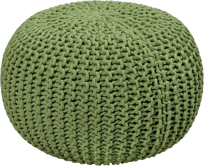 COTTON CRAFT Round Dori Pouf - Cotton Braid Cord Cable Knitted Ottoman - Foot Stool - Footrest - Floor Pouf - Accent Furniture - Woven Ottoman - Bean Bag - Living Room Dorm - 20 Dia x 14 High - Sage