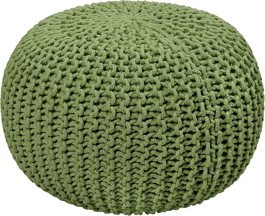 COTTON CRAFT Round Dori Pouf - Cotton Braid Cord Cable Knitted Ottoman - Foot Stool - Footrest - Floor Pouf - Accent Furniture - Woven Ottoman - Bean Bag - Living Room Dorm - 20 Dia x 14 High - Sage