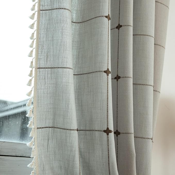 Sutuo Home Boho Curtains for Kitchen Nursery 63 Inch Length, Light Filtering Farmhouse Linen Vintage Chic Tassels Checkered Window Treatment Bohemian Drape for Decor 1 Panel 52" W x 63" L, Cream Grey