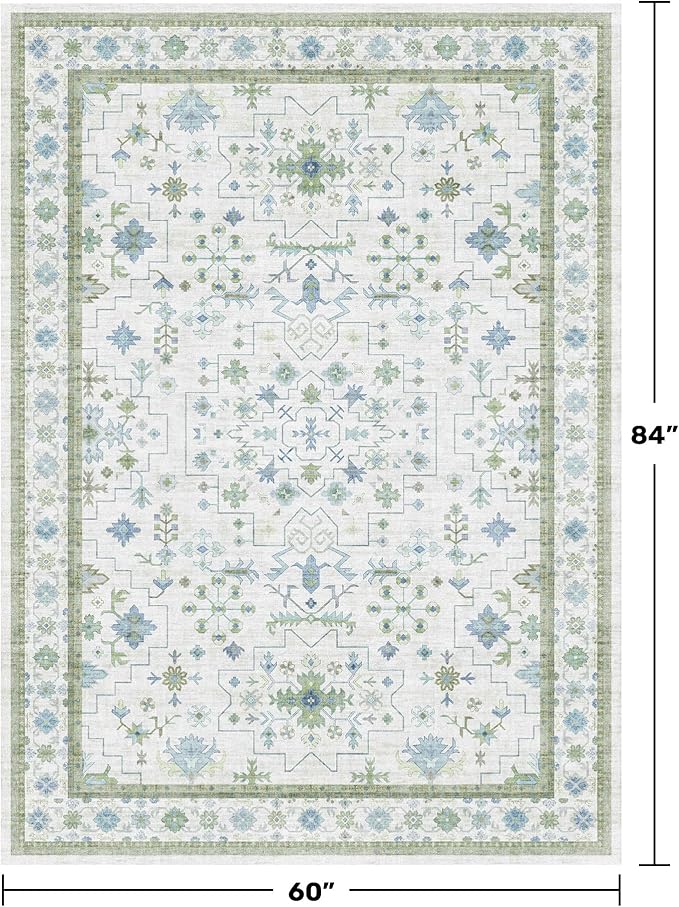Oushak Area Rug for Bedroom 5x7 - Blue and Green Vintage Boho Floral Geometric, Washable Low Pile Non Slip Area Rugs for Nursery Room, Foyer, Cozy Aesthetic Room Decor