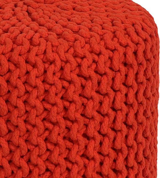 COTTON CRAFT Braided Round Pouf - Hand Knitted Cotton Cord Cable Dori Cylindrical Ottoman - Foot Stool - Floor Pouf - Footrest - Accent Seat - Living Room Bedroom Dorm Décor - 15 Round x 16 H - Orange