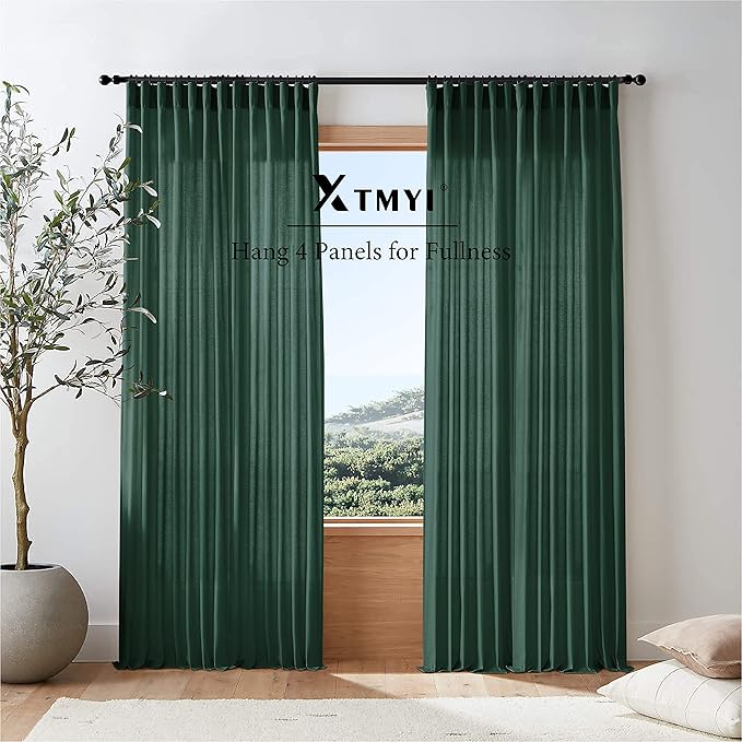 XTMYI Emerald Dark Green Back Tab/Hook Belt Linen Cotton Sheer Curtains for Bathroom 45 Inch Length