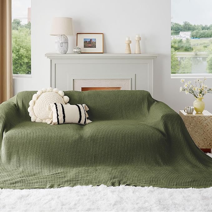 Bedsure 100% Cotton Large Blanket Oversized King for Bed - Breathable Waffle Weave Blanket for Summer Spring, Couch Cover, Olive Green, 120x94 inches