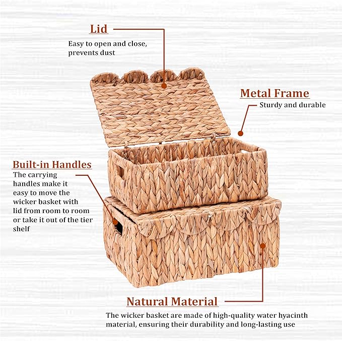 Scalloped Edge Wicker Basket with Lids, Rectangle Wicker Storage Basket with Built-in Handles, Multipurpose Organizer Rattan Display Boxes for Shelf, Nursery Room, Set of 2