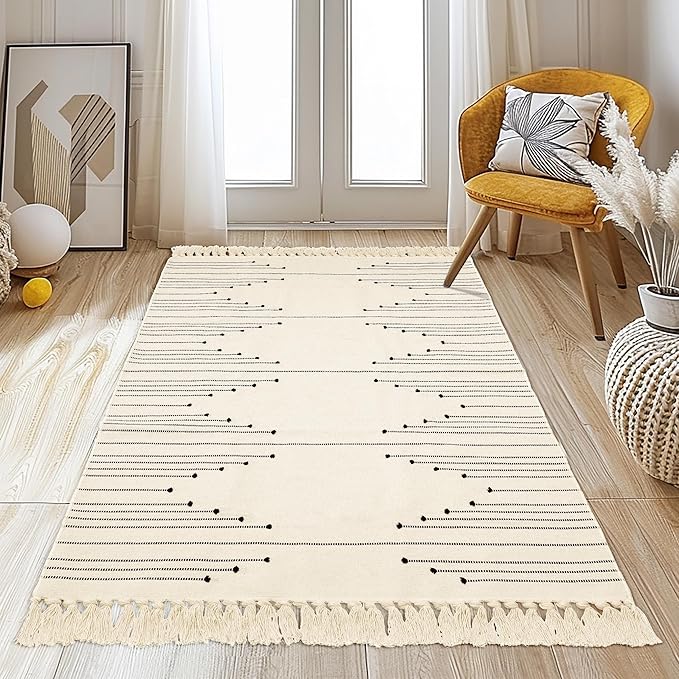 Tritard Boho Area Rug 3x5 - Woven Entryway Rugs with Tassels Farmhouse Aztec Bedroom Lightweight Throw Rugs Washable Indoor Cotton Low Pile Thin Carpet for Kitchen, Bathroom, Playroom, Beige Cream