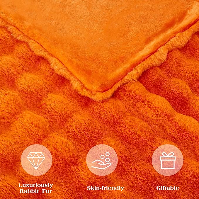 JONIYEAR Large Solid Fall Bubble Faux Rabbit Fur Bed Blanket Queen Size 80" x 90", Decorative Puffy Big Warm Fuzzy Blanket for Winter,Extra Thick Shaggy Cozy Comfy Fluffy Blankets for Adult Kid,Orange