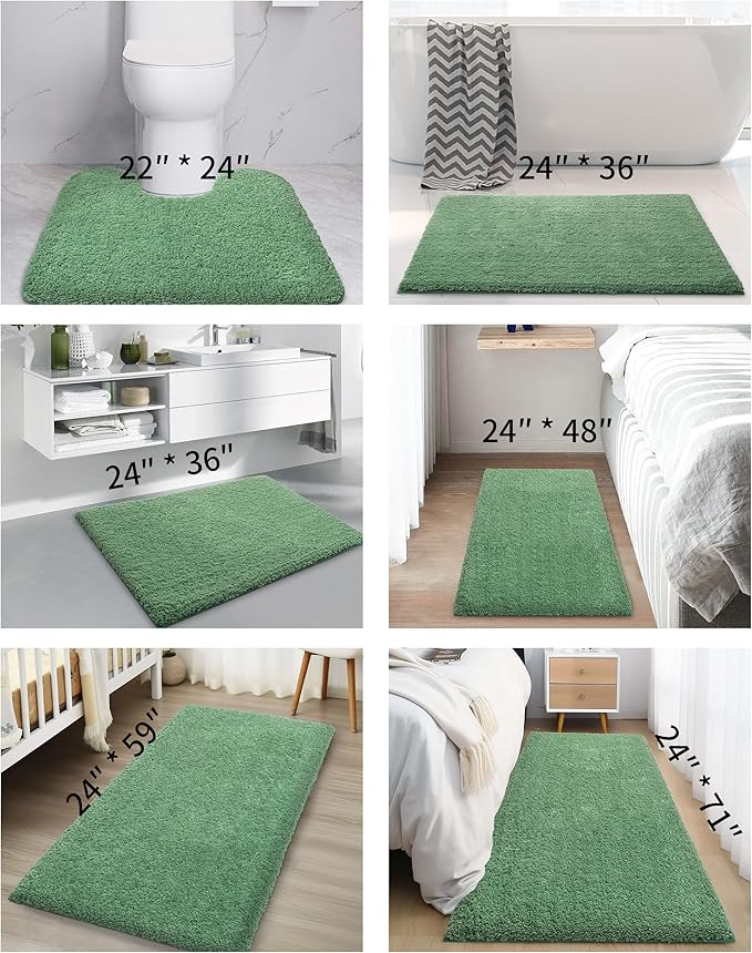 ILANGO 2 Piece Bathroom Rugs Bath Mat Set, Dries Quickly,Non Slip Fluffy Shaggy Bath Washable Mats with U-Shaped Toilet Rug Set for Bathroom,Tub,Toilet (Green,17" x 24" + 20" x 24")