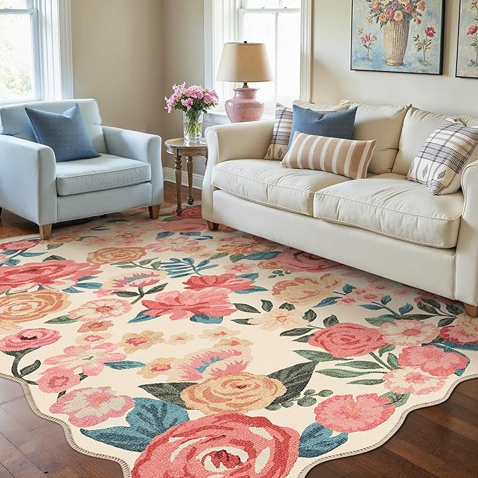 Washable Floral Area Rug 4x6 Beige Office Carpet Scalloped Flower Non Slip Soft Living Room Rug Farmhouse Low Pile Thin Indoor Floor Cover for Bathroom Bedroom Kitchen Laundry Dining Room