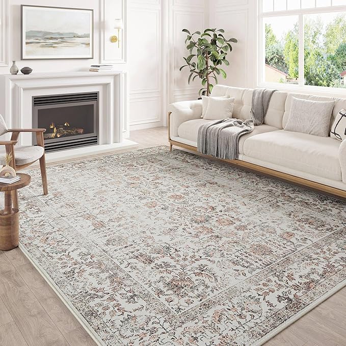 Red Area Rug 8x10 Machine Washable Large Vintage Living Room Distressed Non Slip Carpet Traditional Indoor Bedroom Retro Floral Accent Throw Rug for Office Kitchen Dining Room