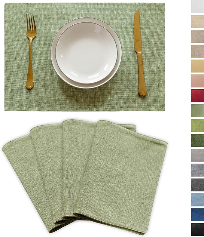 Demetex Green Placemat Set of 4 Washable Linen Place Mats for Dinner Heat Resistant Sage Cloth Placemats Scratch Resistant Plate Mats for Dining Table Kitchen, Green