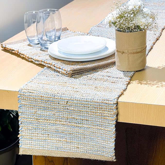 Chardin Home Natural Jute Table Runner 13x72 Inch – Vintage Boho Rustic Table Decor – Handwoven Jute Table Runner in Natural and Blue– Farmhouse Dining or Console Table Accent