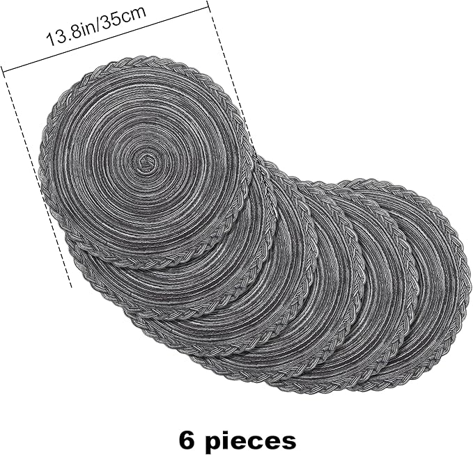 fanquare Round Placemats Set of 6, Gray Braided Placemats 15 Inch Round Woven Placemats Dining Table Mats Cotton Polyester Place Mats for Wedding Party