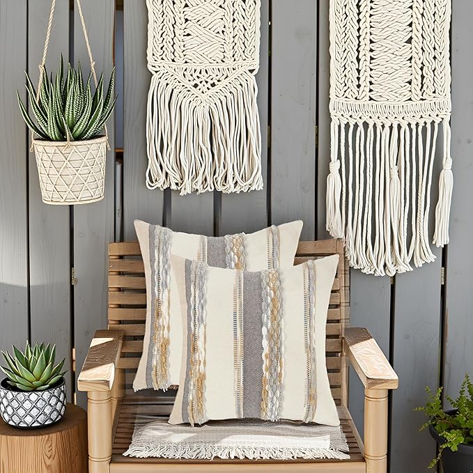 Tosleo Boho Throw Pillow Covers 18x18 Set of 2 Striped Decorative Pillow Cases Accent Chenille Pillowcases Farmhouse Cushion Case Bohemian Nuetral Textured Pillow Cover,Orange and Gray