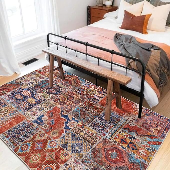 4x6 Rug for Kitchen,Washable Non Slip Patriotic Decor Small Boho Area Rug for Bathroom Bedroom Living Room Indoor Entrway Ultra Thin Fit Under Door,Terracotta Rust Burnt Orange Red and Navy Blue