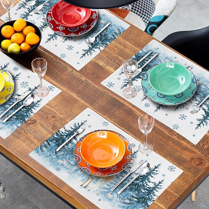 Watercolor Forest Reindeer Placemats Set of 4 - Blue Pine Tree Winter Snowflakes Non-Slip Washable Cloth Place Mats 12 x 18 Inch Reusable Table Mats for Kitchen Dining Holiday Decoration