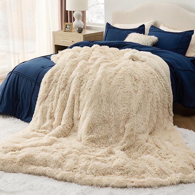 Bedsure Fluffy Beige Blankets Queen Size for Bed, Thick Sherpa Faux Fur Fleece Fuzzy Plush Winter Warm Heavy Soft Full Queen Blankets, Bedroom Decor Beige Gifts Cozy Gifts for Women Men, 90x90