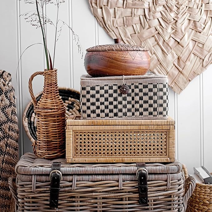 Creative Co-Op Modern Decorative Rectangle Woven Rattan and Wood Display Boxes with Glass Top, Set of 2 Sizes, Natural Finish