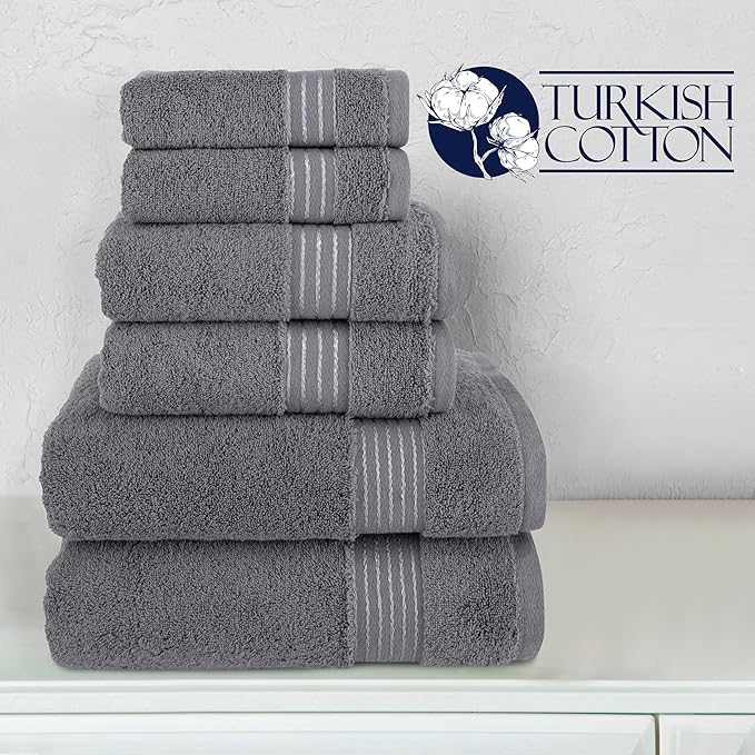 Elegant Comfort Premium Cotton 6-Piece Towel Set, Includes 2 Washcloths, 2 Hand Towels and 2 Bath Towels, 100% Turkish Cotton - Highly Absorbent and Super Soft Towels for Bathroom, Grey