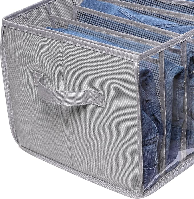 Zilink Upgraded Wardrobe Clothes Organizer with Support Board Clear Jeans Organizer for Closet with 7 Grids Divider Closet Drawer Organizer for Jean Pant Sweater Legging T-Shirt, 6 Pack, Grey