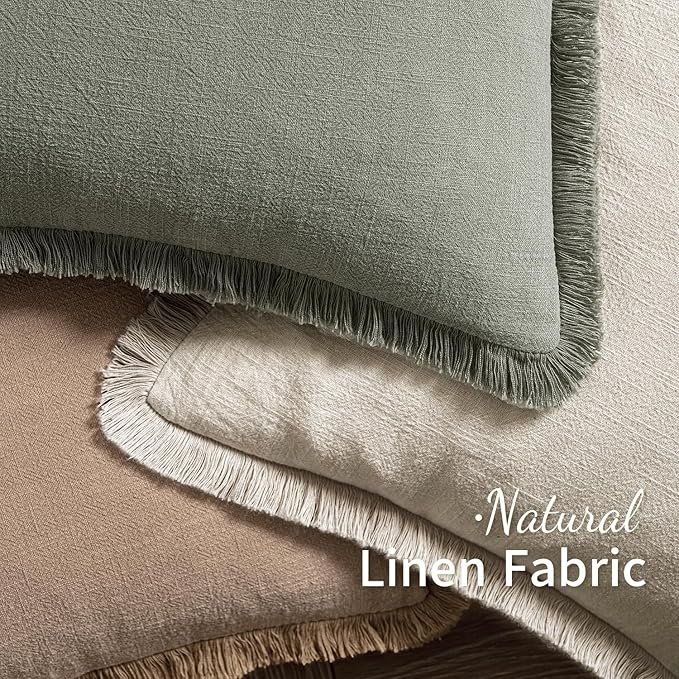 MIULEE Decorative Throw Pillow Covers Neutral Linen Fringe Throw Pillows Set of 2 Natural Beige Boho Farmhouse Cushion Covers with Tassels for Couch Sofa Bed Living Room Spring Home Decor 18x18 Inch