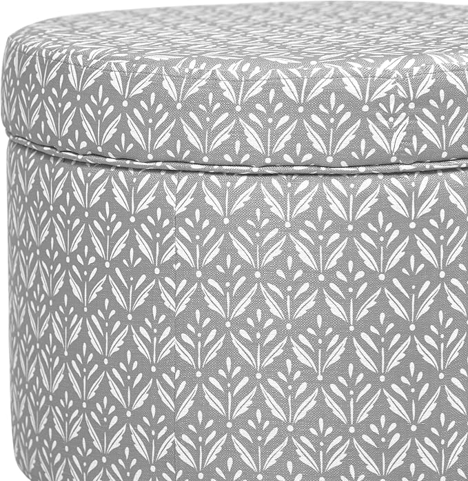 HomePop Upholstered Round Storage Ottoman Home Décor|Upholstered Round Foot Rest Ottoman - Light Grey Print Large