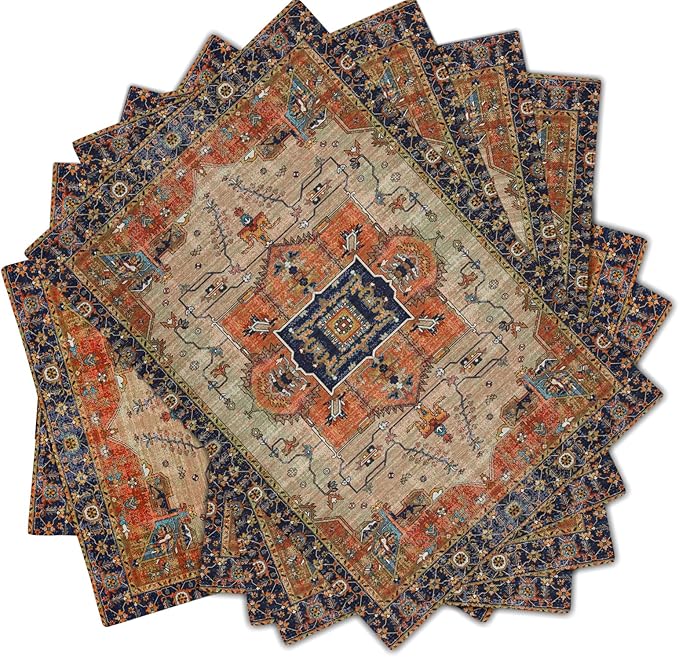 Aztec Terracotta Boho Placemats Set of 6 Vintage Rust Retro Carpet Linen Washable Kitchen Dining Table Mats Stain Heat-Resistant Desktop Decor Place Mats for Home Party Indoor 12x18 Inches