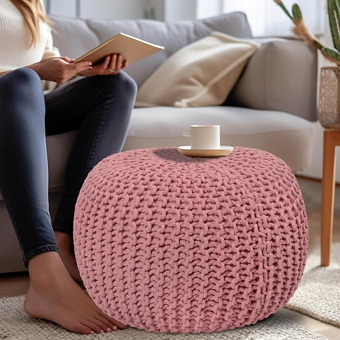 COTTON CRAFT Round Dori Pouf - Cotton Braid Cord Cable Knitted Ottoman - Foot Stool - Footrest - Floor Pouf - Woven Ottoman - Bean Bag - Living Room Dorm - 20 inches Diameter x 14 Height - Blush Pink