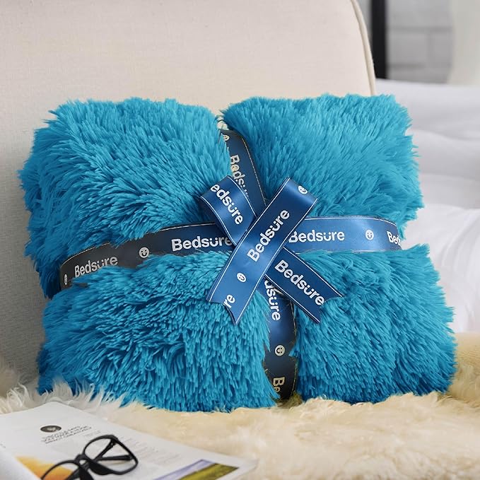 Bedsure Fuzzy Sherpa Faux Fur Twin Blanket Bright Blue Cozy Gifts for Women Men, Soft Fleece Plush Warm Minky Thick Blanket Twin Size for Bed, Room Decor Dorm Essentials Blue Decor Gifts, 60x80
