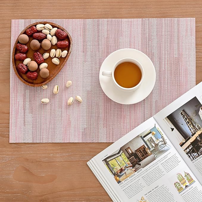 Leetaltree Misty Rose Placemats Set of 12 - Heat Resistant Non-Slip Place mats for Dining Table, Washable Durable PVC Vinyl Woven Table Mats(Misty Rose, 12)