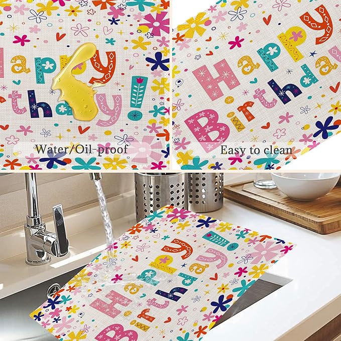 Happy Birthday Placemats Set of 6,Washable Heat Resistant 12×18 Inch Linen Table Mats Birthday Party Place Mats for Party Outdoor Dining Décor