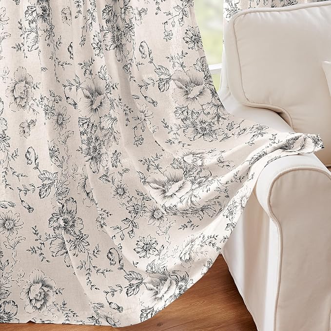 jinchan Linen Blend Curtain Floral Curtains for Living Room 63 Inch Length Black Printed Curtain Rod Pocket Back Tab Farmhouse Peony Flower Patterned Drapes Bedroom Window Curtains Set 2 Panels
