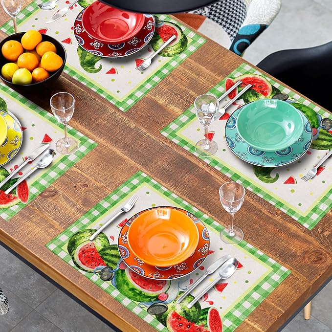 Watercolor Watermelon Gnomes Placemats Set of 4,Green Buffalo Check Plaid Rectangular Linen Kitchen Mats Summer Seasonal Place Mat 12 x 18 Inch for Kitchen Dining Table Decor