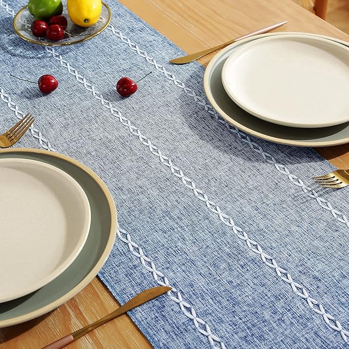 Chassic Rustic Farmhouse Style Linen Table Runner, Boho Handmade Tassel Embroidery Table Runners 72 Inches Long for Holiday Party, Dresser and Dining Decorations, 13 x 72 inch - Blue