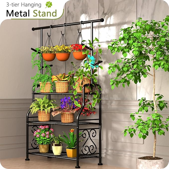 GIOTORENT Outdoor Plant Stand 3-Tier Heavy Duty Metal Shelf for Patio & Indoor Use - Holds 14+ Plants with 5 Hooks, Rust-Proof Plant Holder for Garden, Balcony, Living Room, Black