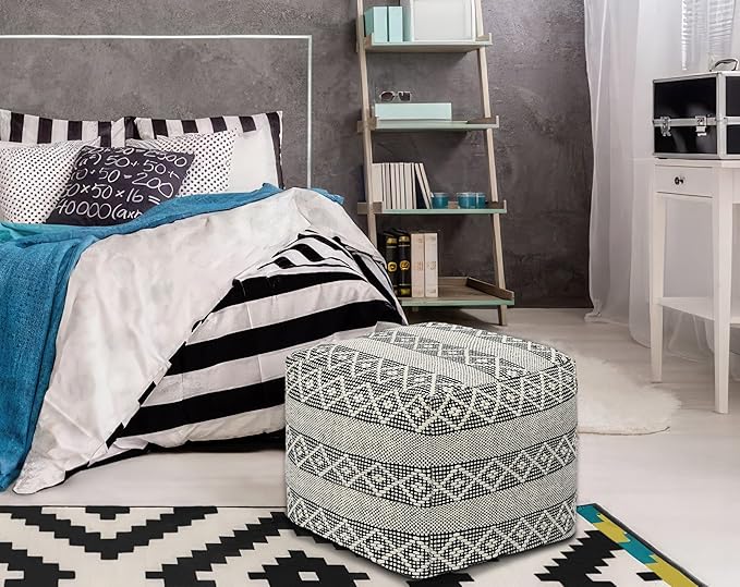 COTTON CRAFT Woven Dhurrie Pouf - Stripe Diamond Pattern Ottoman Footstool Bean Bag - Dorm Bedroom Small Spaces Accent Seating - Prefilled Comfortable Square Pouf Footrest - 16x16 - Ivory Black