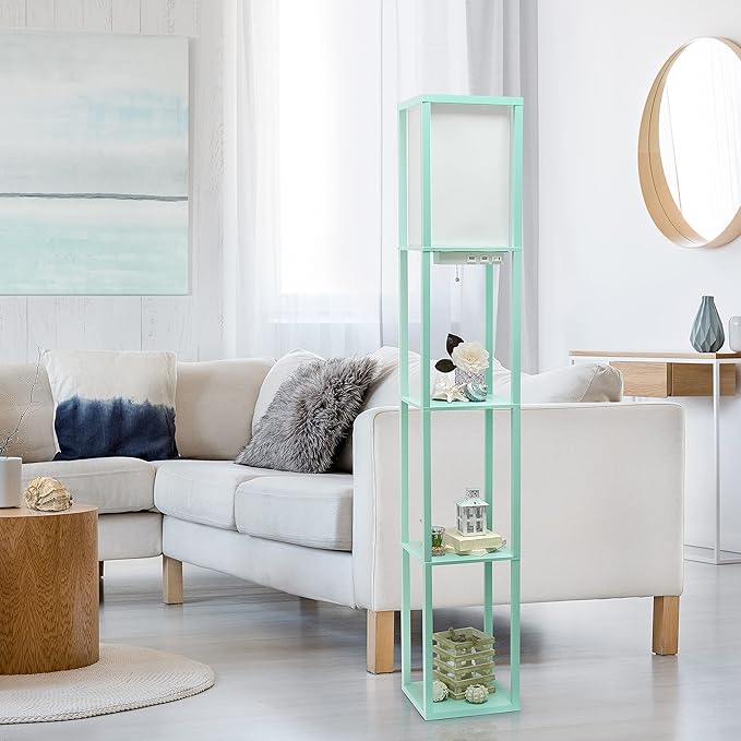 Simple Designs LF1037-AQU-LB Three Shelf Etagere Organizer Storage Floor Lamp with 2 Dual USB Ports and Charging Outlet, Aqua, with Feit LED Bulb Included